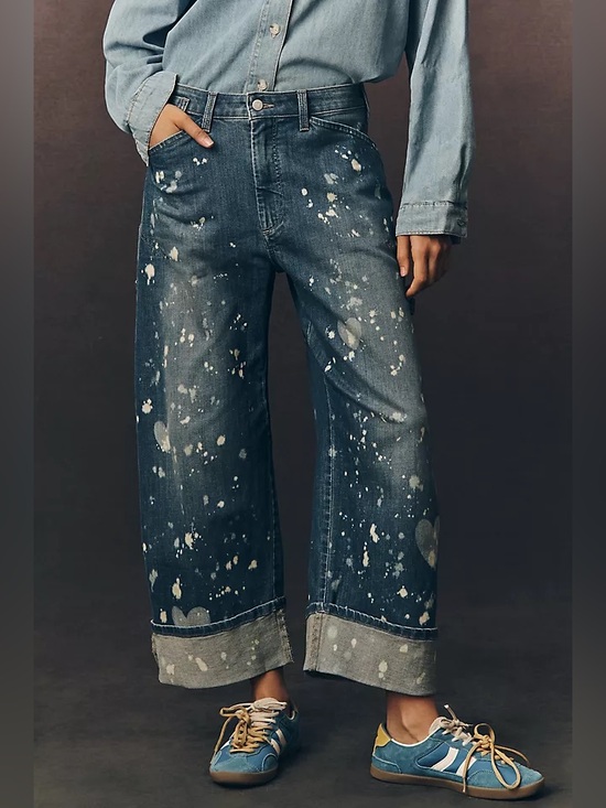 Pilcro Denim - Pilcro Dark Blue Wide-Leg Jeans with White Paint Splatter